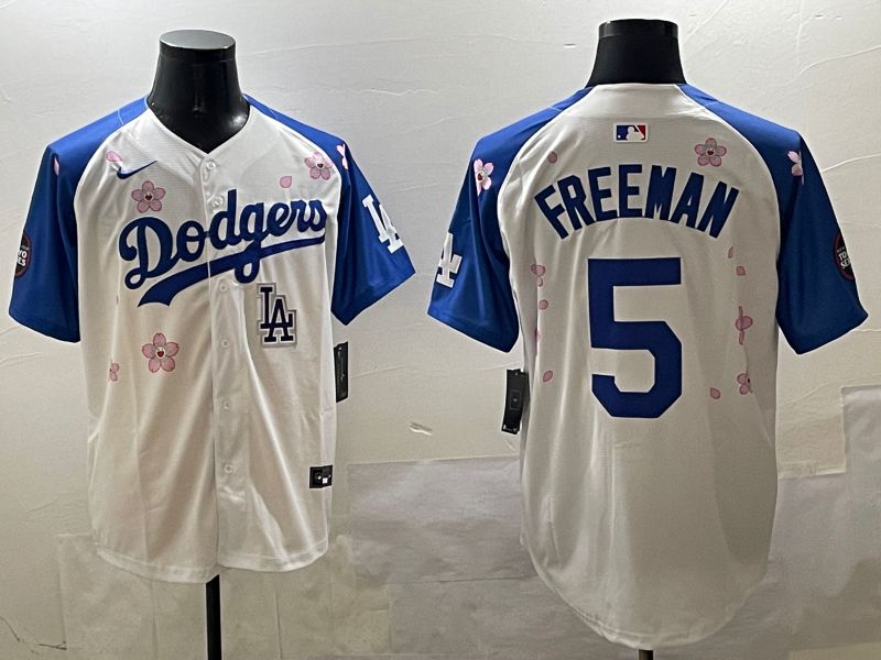 Men Los Angeles Dodgers 5 Freeman White Blue Sakura Edition 2025 Nike MLB Jersey style 9